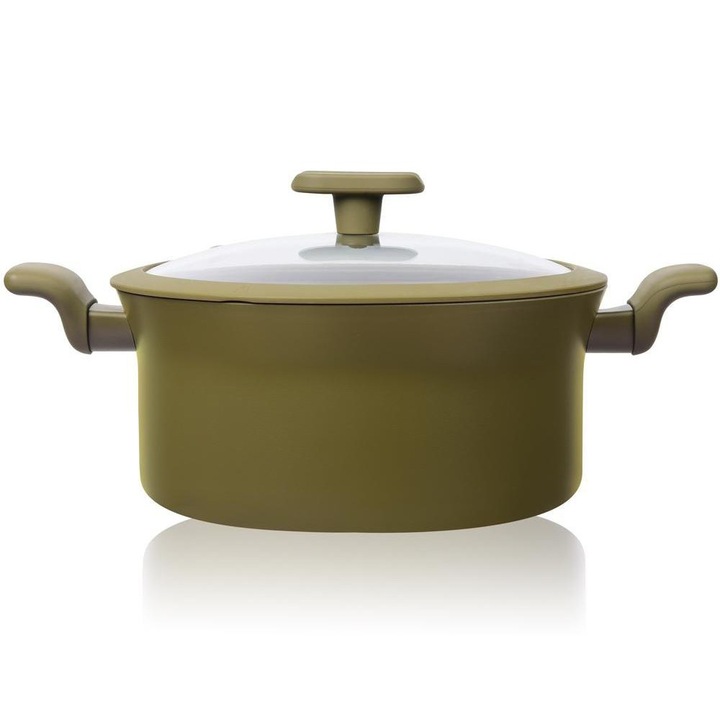 Set 2 x Cratita Aluminiu, Capac, 22 cm, 2.90 l, Interior Anti-aderent, Compatibila Plita Inductie, Verde, Grunberg