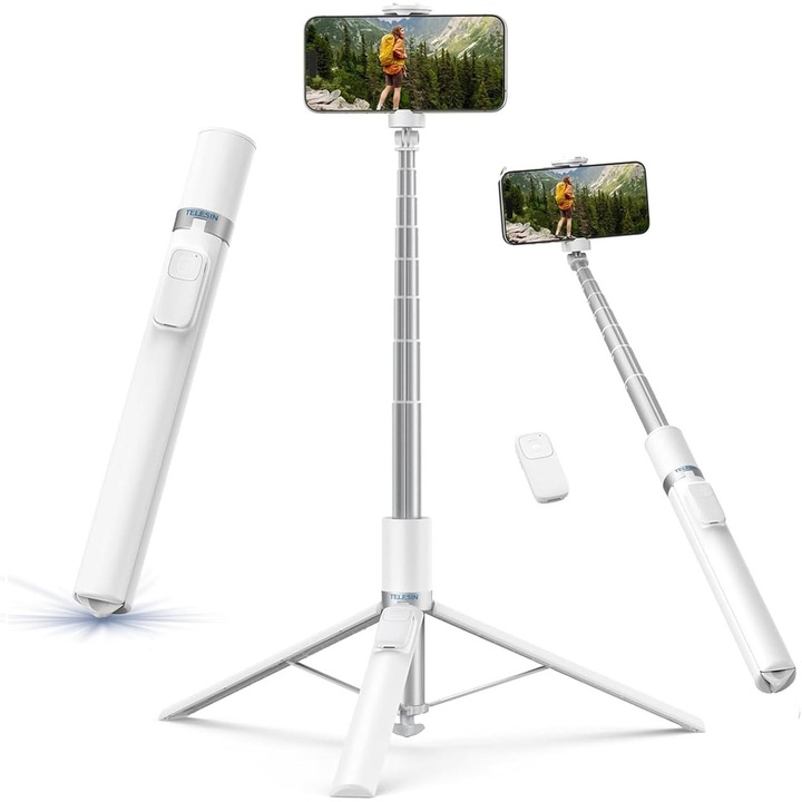 Trepied pentru Telefon TELESIN 70" (180 cm), Selfie Stick cu Deschidere Automata Activata prin Gravitatie, Suport Extensibil pentru Telefon cu Telecomanda Bluetooth Magnetica, Trepied de Calatorie Ajustabil 360°, pentru iPhone/Android