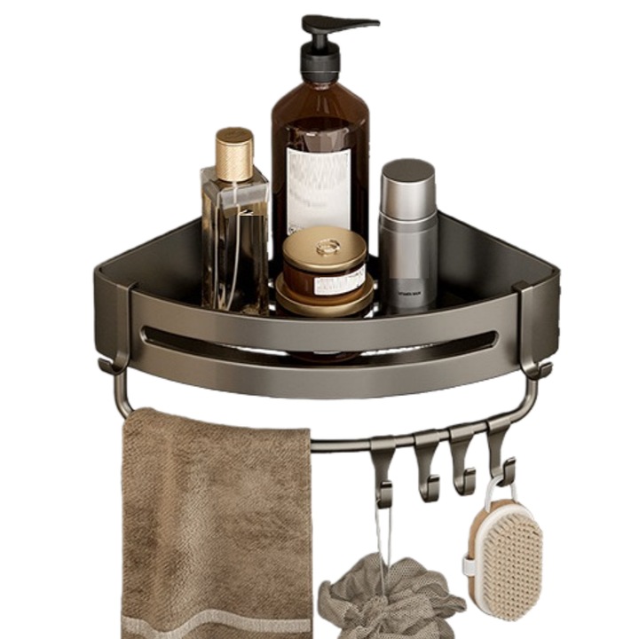 Raft de Baie Triunghiular din Aluminiu, Organizator de Colt pentru Perete Fara Gaurire, Gri Metalizat, Capacitate 5kg, Cu Bara