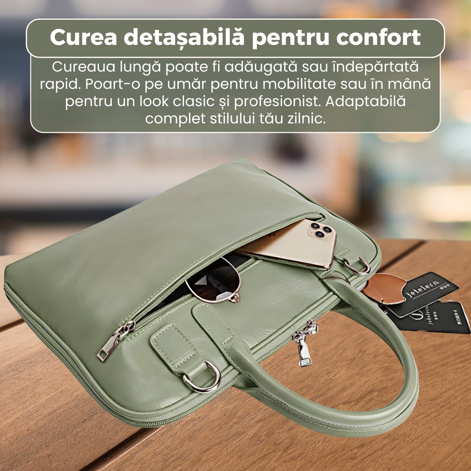 Geantă business laptop 14 inch, piele naturală, compartimentare inteligentă, curea detașabilă, verde, 38x28x5cm