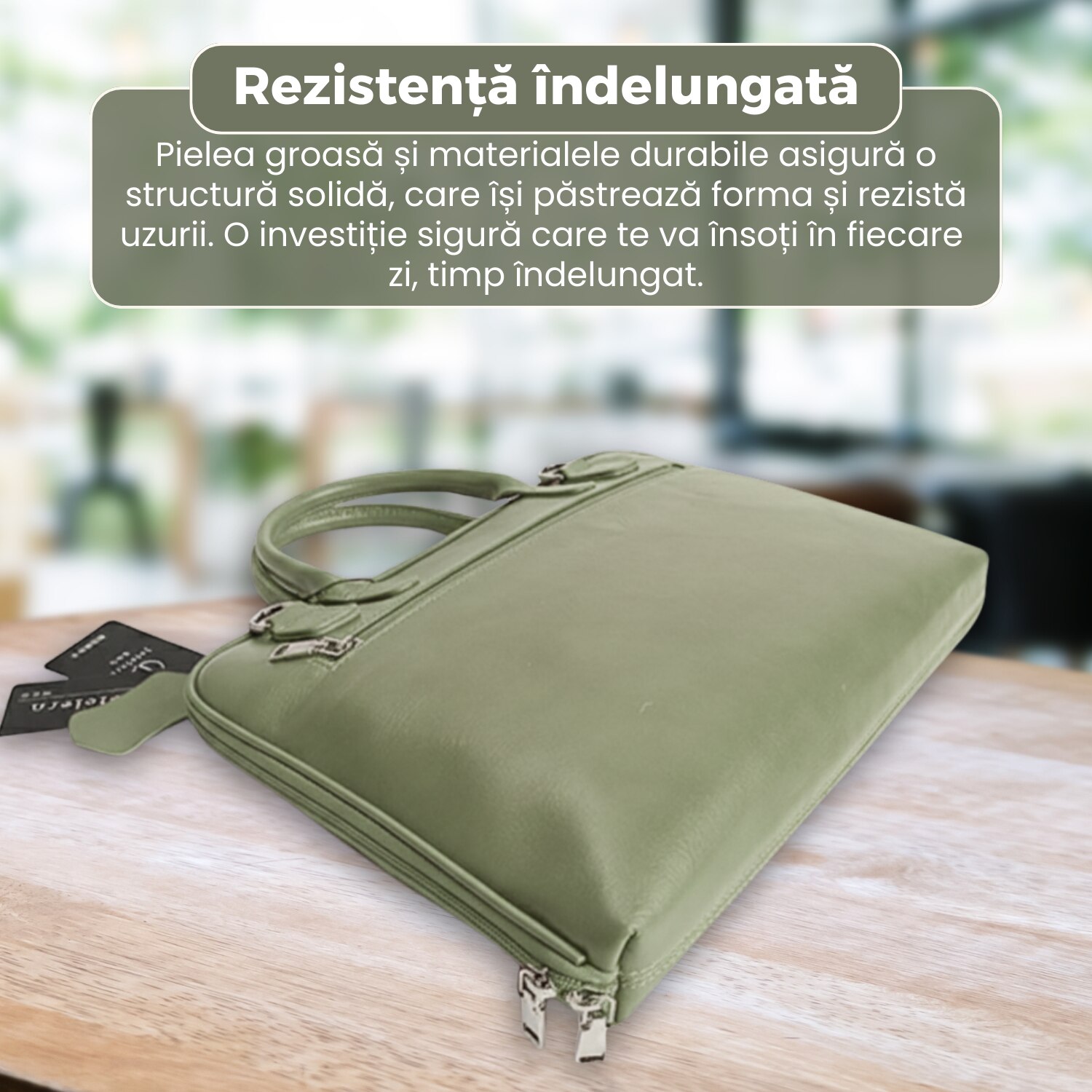 Geantă business laptop 14 inch, piele naturală, compartimentare inteligentă, curea detașabilă, verde, 38x28x5cm