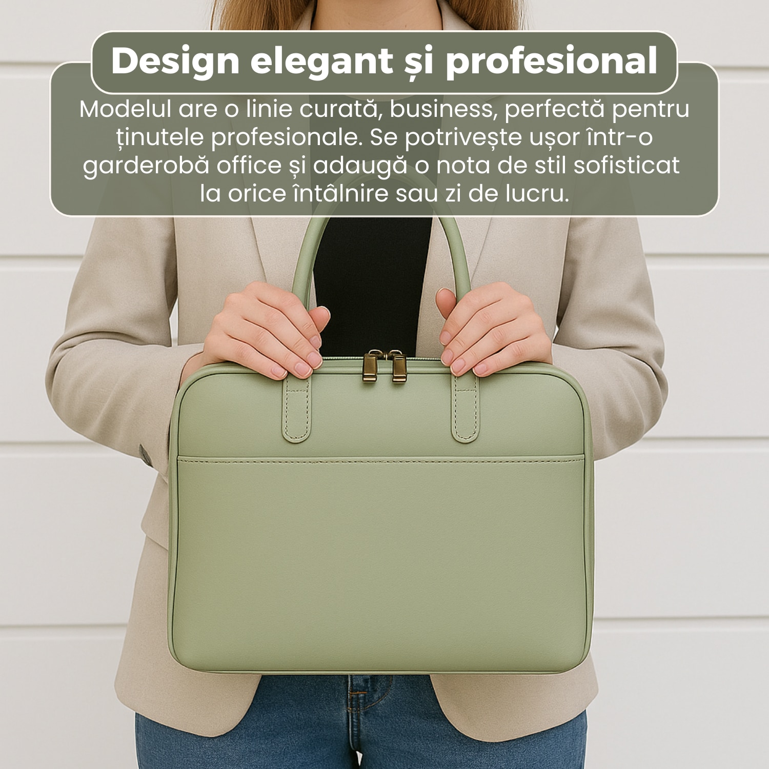 Geantă business laptop 14 inch, piele naturală, compartimentare inteligentă, curea detașabilă, verde, 38x28x5cm