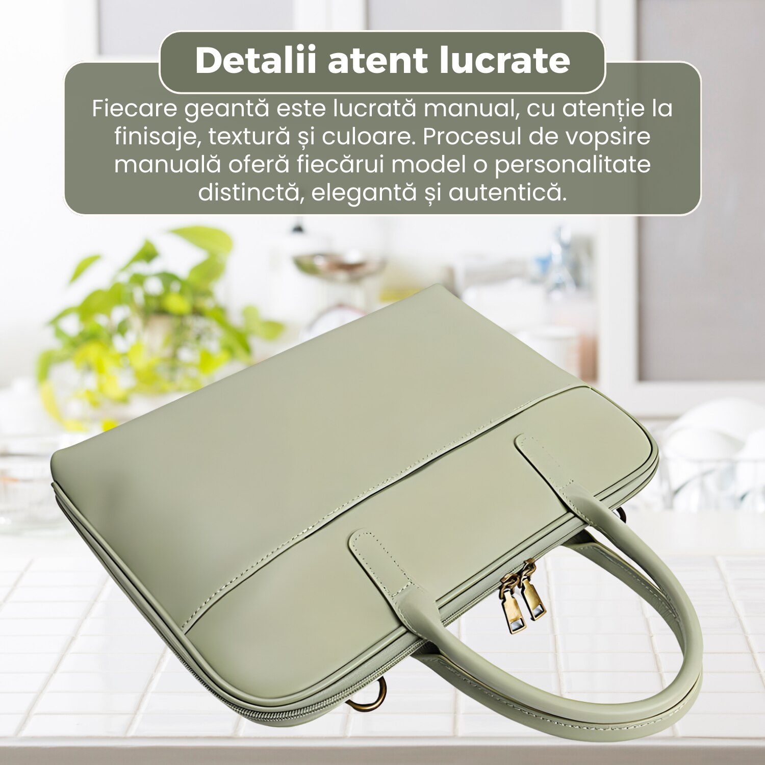 Geantă business laptop 14 inch, piele naturală, compartimentare inteligentă, curea detașabilă, verde, 38x28x5cm