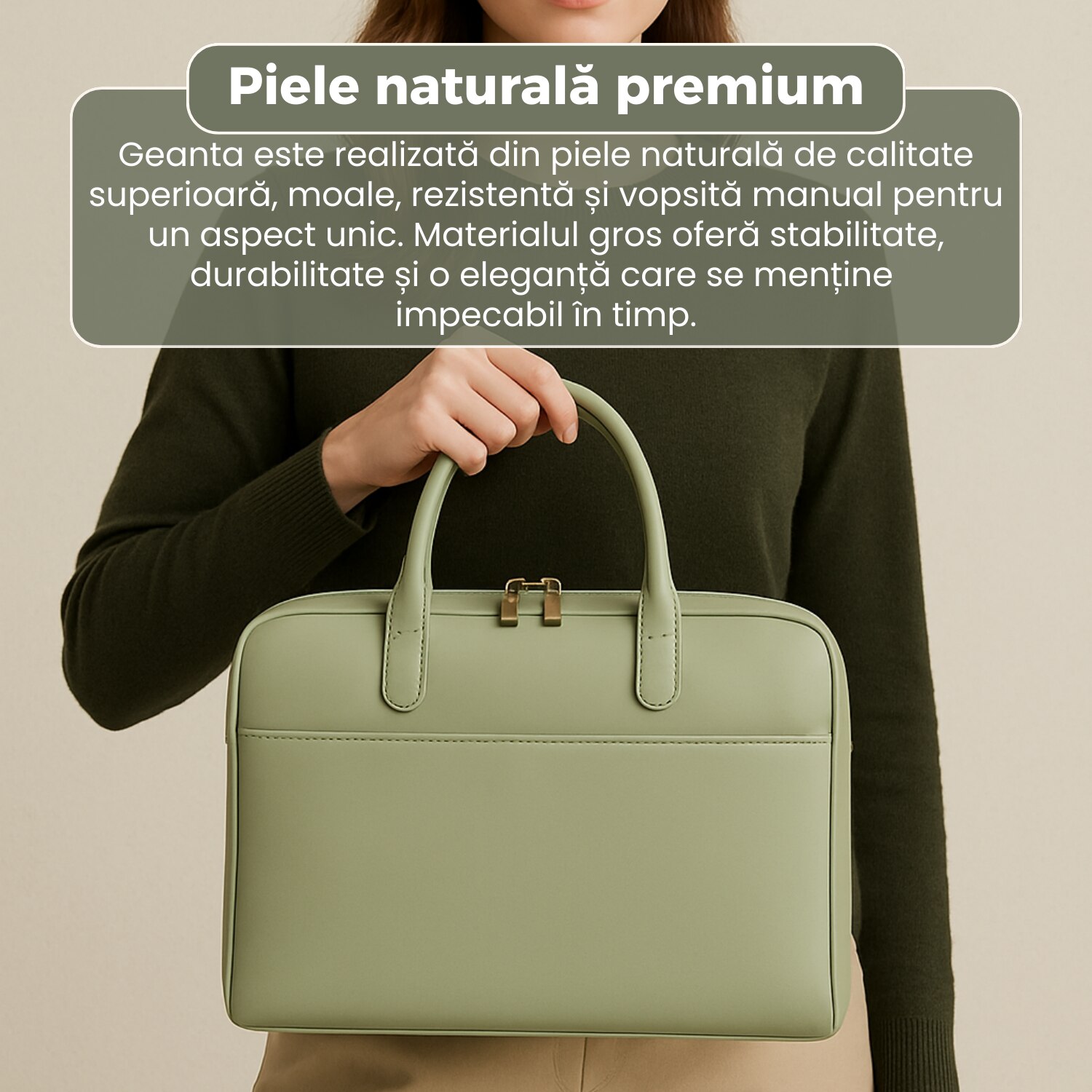 Geantă business laptop 14 inch, piele naturală, compartimentare inteligentă, curea detașabilă, verde, 38x28x5cm