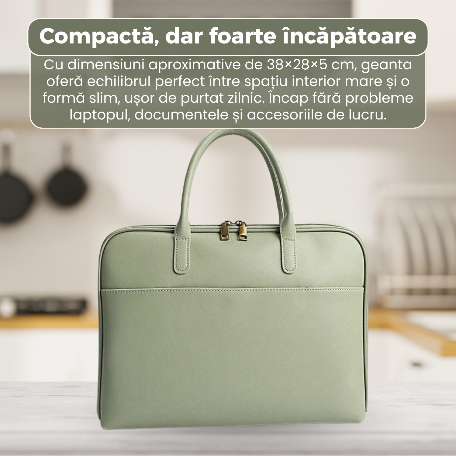 Geantă business laptop 14 inch, piele naturală, compartimentare inteligentă, curea detașabilă, verde, 38x28x5cm