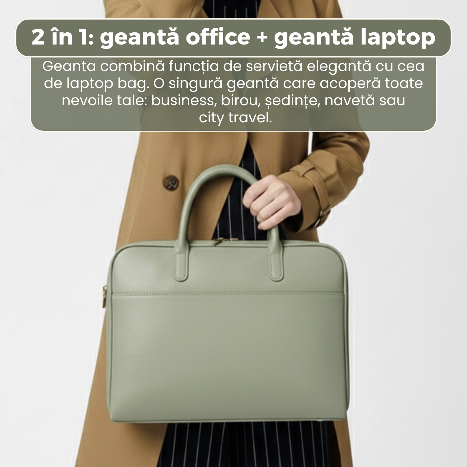 Geantă business laptop 14 inch, piele naturală, compartimentare inteligentă, curea detașabilă, verde, 38x28x5cm