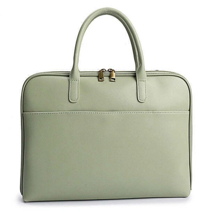 Geantă business laptop 14 inch, piele naturală, compartimentare inteligentă, curea detașabilă, verde, 38x28x5cm