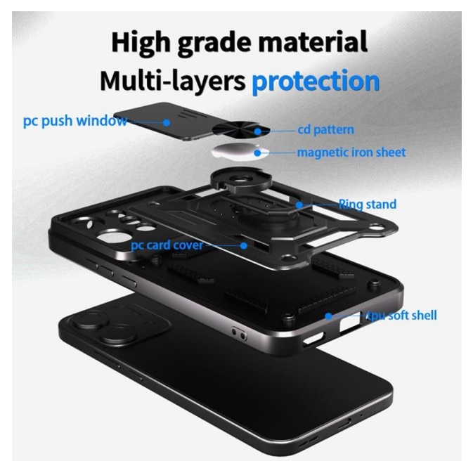 Husa Spate Upzz® Camshield Compatibila Cu Oppo Reno14 F / 14 FS 5G, Protectie La Camere, Inel Metalic, Stand - Negru