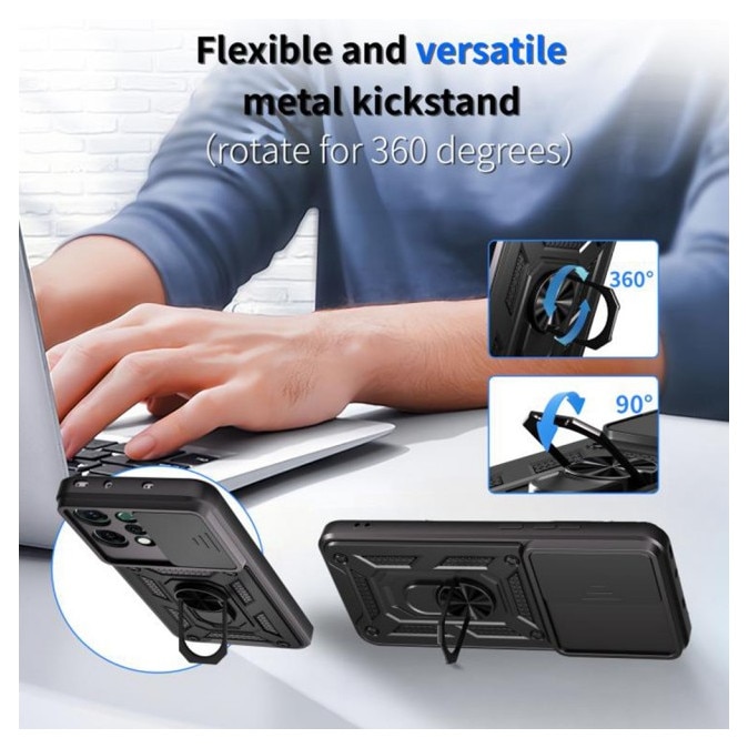 Husa Spate Upzz® Camshield Compatibila Cu Oppo Reno14 F / 14 FS 5G, Protectie La Camere, Inel Metalic, Stand - Negru
