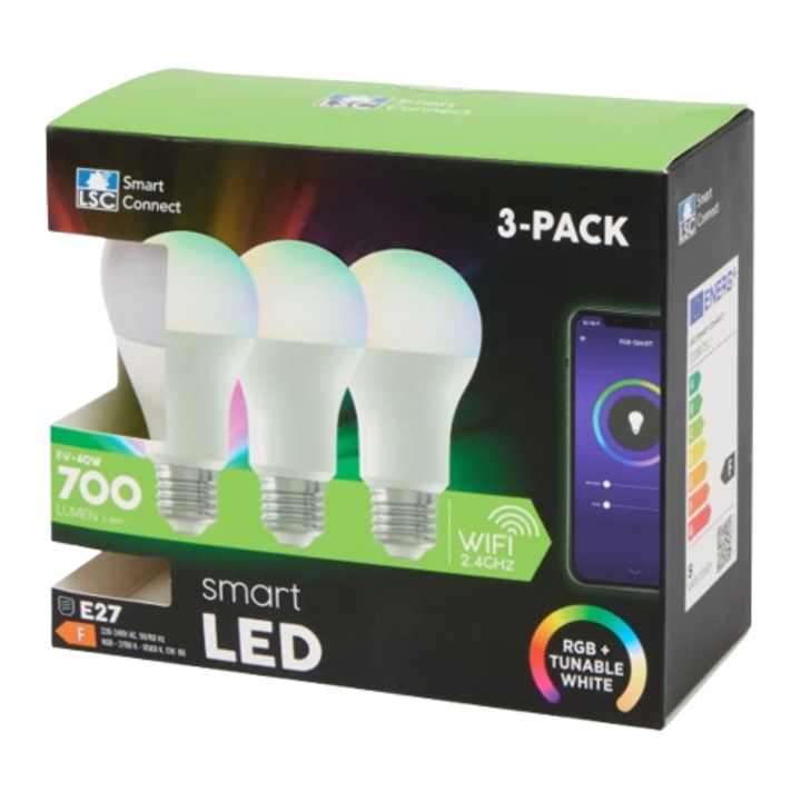 Set 3 Becuri LED, RGB inteligente, LSC Smart Connect, E27, lumina alba si colorata