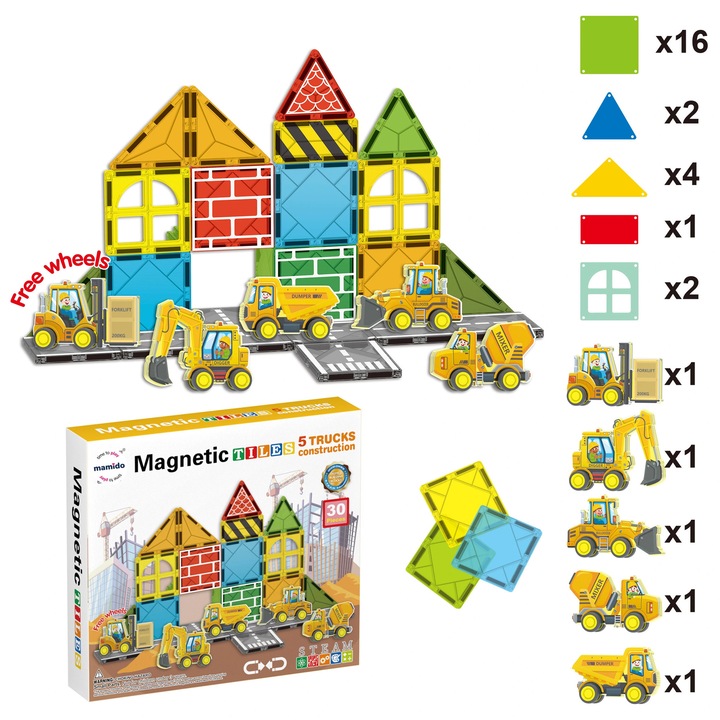 Mamido Магнитен строителен комплект за град с превозни средства, 30 части, Транспортни и строителни превозни средства MT1445