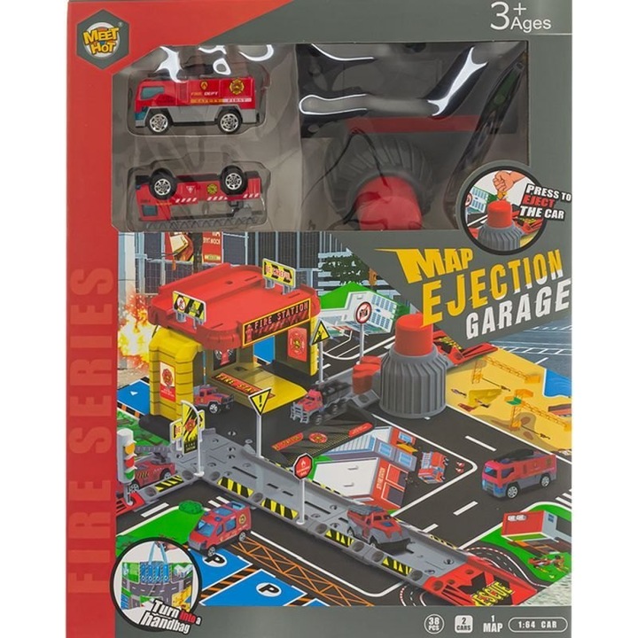 Set parcare pompieri, 2 vehicule, 46x37cm, multicolor