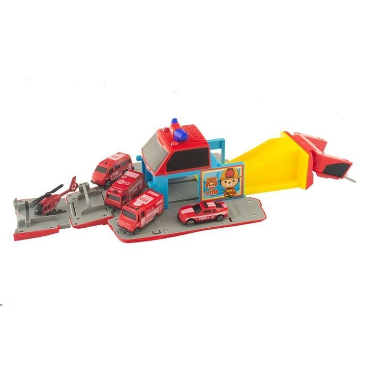 Set jucarii masini, EUROBABY, garaj cu rampa, 4 masinute metalice, elicopter, 55x23x13cm