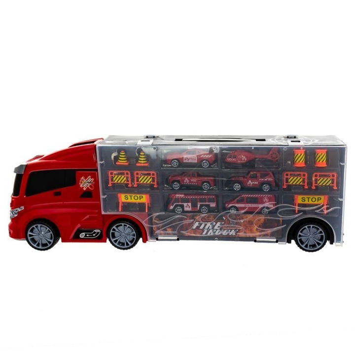 Kamion szett utánfutóval és 5 kisautóval, Eurobaby, helikopter, úttartozékok, többszínű, 50x16cm