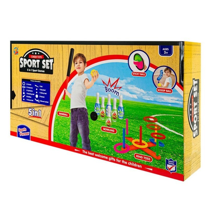 Set de joaca 5 in 1, EUROBABY, 5 mingi, 5 palete, 6 popice, multicolor, 56x30x10 cm