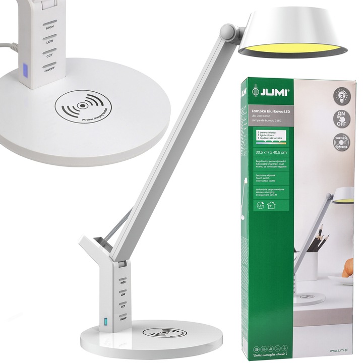 Lampa birou LED JUMI, alb, 3 culori de iluminare, 8W, incarcare wireless