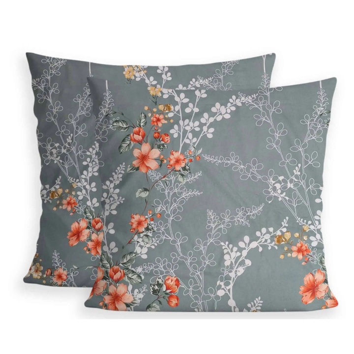 Set 2 Fete de Perna 40x40 din Bumbac Ranforce, Imprimeu Floral Romantic, Inchidere cu Fermoar, Design Elegant Natura, Multicolor Gri/Portocaliu