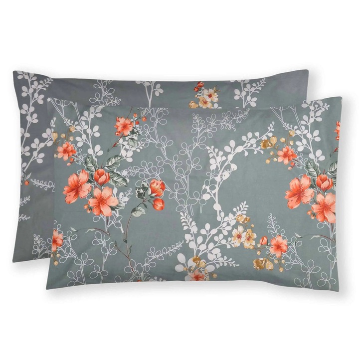 Set 2 Fete de Perna 50x70 din Bumbac Ranforce, Imprimeu Floral Romantic, Inchidere cu Fermoar, Design Elegant Natura, Multicolor Gri/Portocaliu