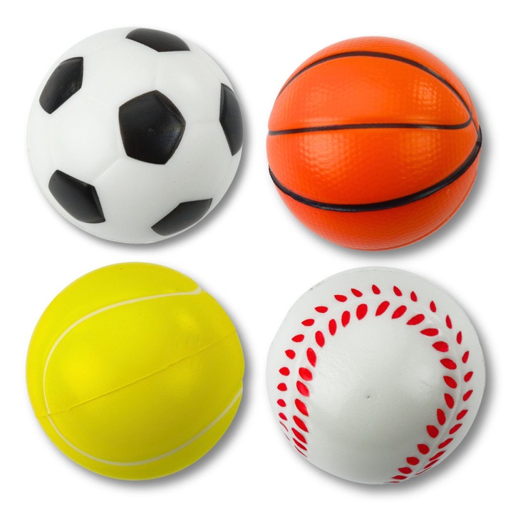 Set 4 Bile Sportive din Spuma, LEAN Toys, 6cm, Fotbal, Baschet, Tenis, Baseball