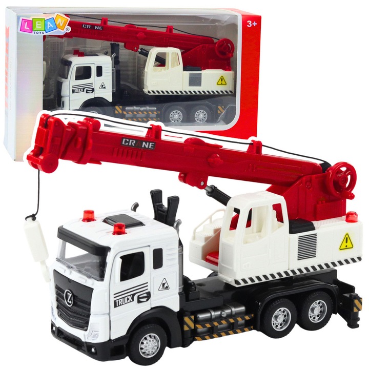 Camion cu macara LEAN Toys, cabina metalica, brat reglabil, efecte luminoase si sonore, 24,5x14x9cm, set cu 3 baterii AG13