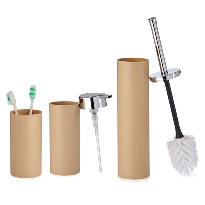 Set Accesorii Baie 3 Piese Berilo, Maro-Argintiu, Dispenser Sapun, Pahar Periute, Perie WC, 7x7x13cm, 9x6.5x17.5cm, 7.5x7.5x39cm