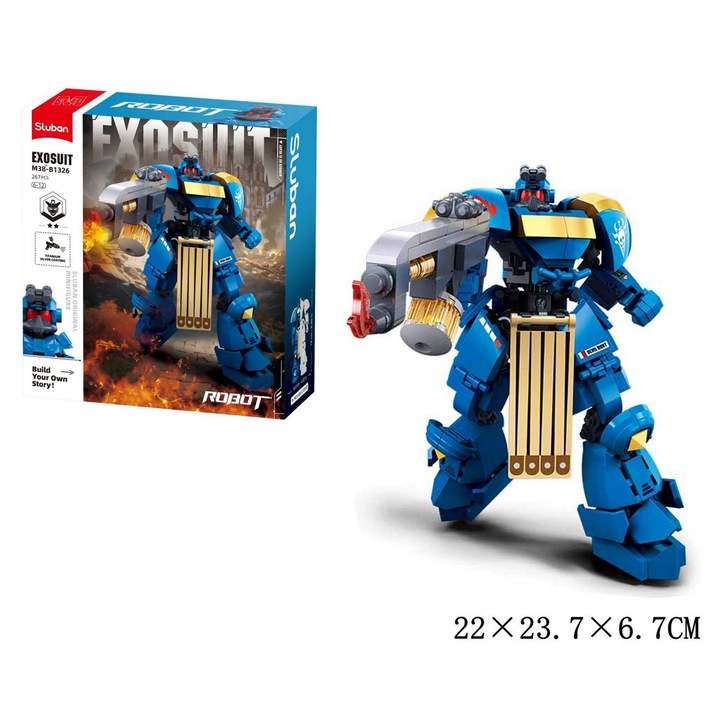 Set de constructie SLUBAN Robot Niebieski 267 elemente, model M38-B1326, colorat, pentru copii 6+ ani