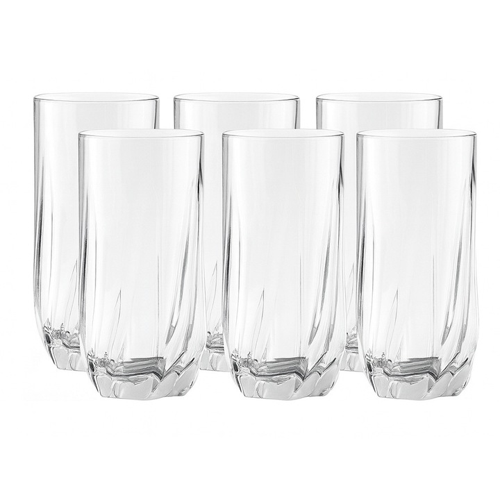Set 6 pahare sticla pentru bauturi racoritoare KESNUP, volum 340 ml, inaltime 14 cm, diametru 7.5 cm, pentru apa, sucuri, limonada, cocktail-uri, material rezistent la zgarieturi, Transparent