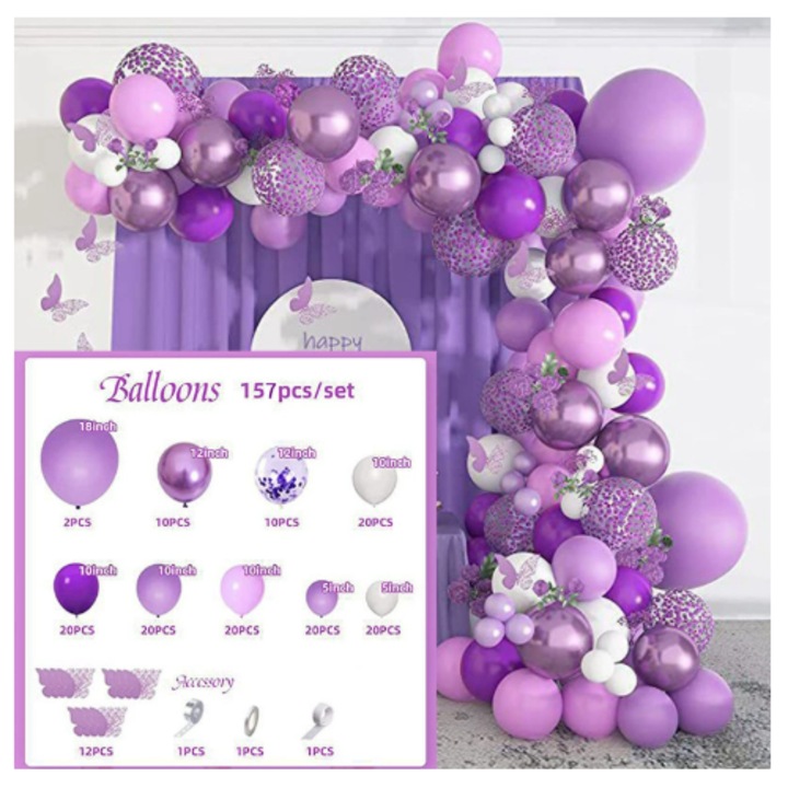 Комплект от 157 Декоративни Балона TrendiShop® За Събития, Премиум Качество, Латексов Материал, Размери 45см, 30см, 25см, 13см, Професионални и Издръжливи, Идеални За Годишнини и Други Партита, Лилав