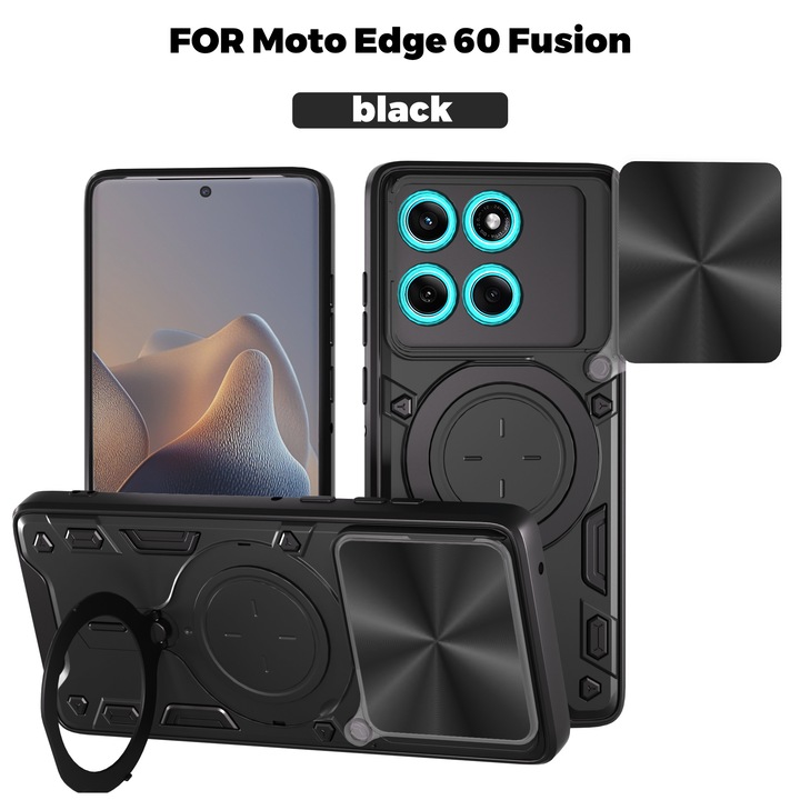 Husa telefon, pentru Motorola Edge 60 Fusion, suport 360°, capac glisant obiectiv, negru titan