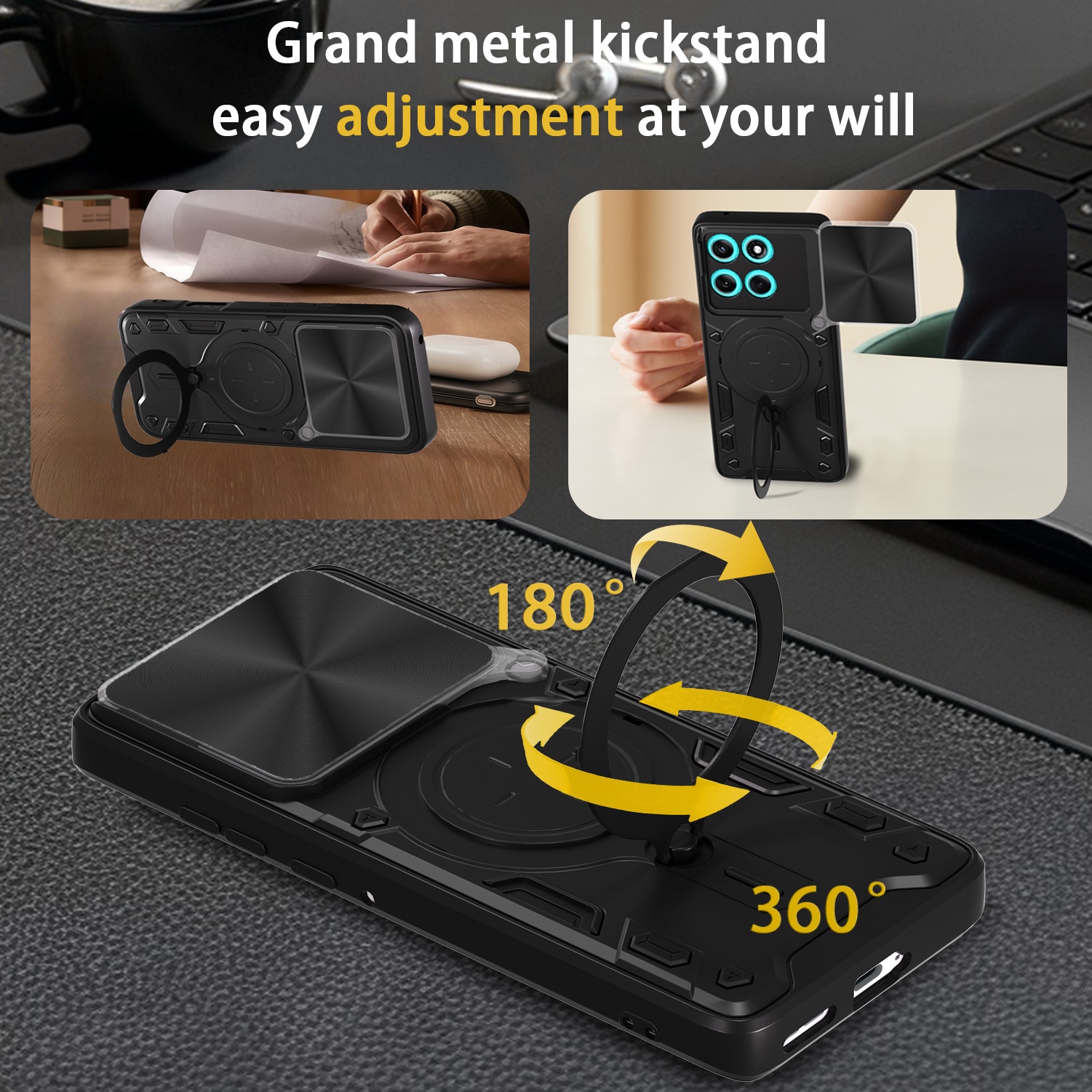 Husa telefon, pentru Motorola Edge 60 Fusion, suport 360°, capac glisant obiectiv, negru titan