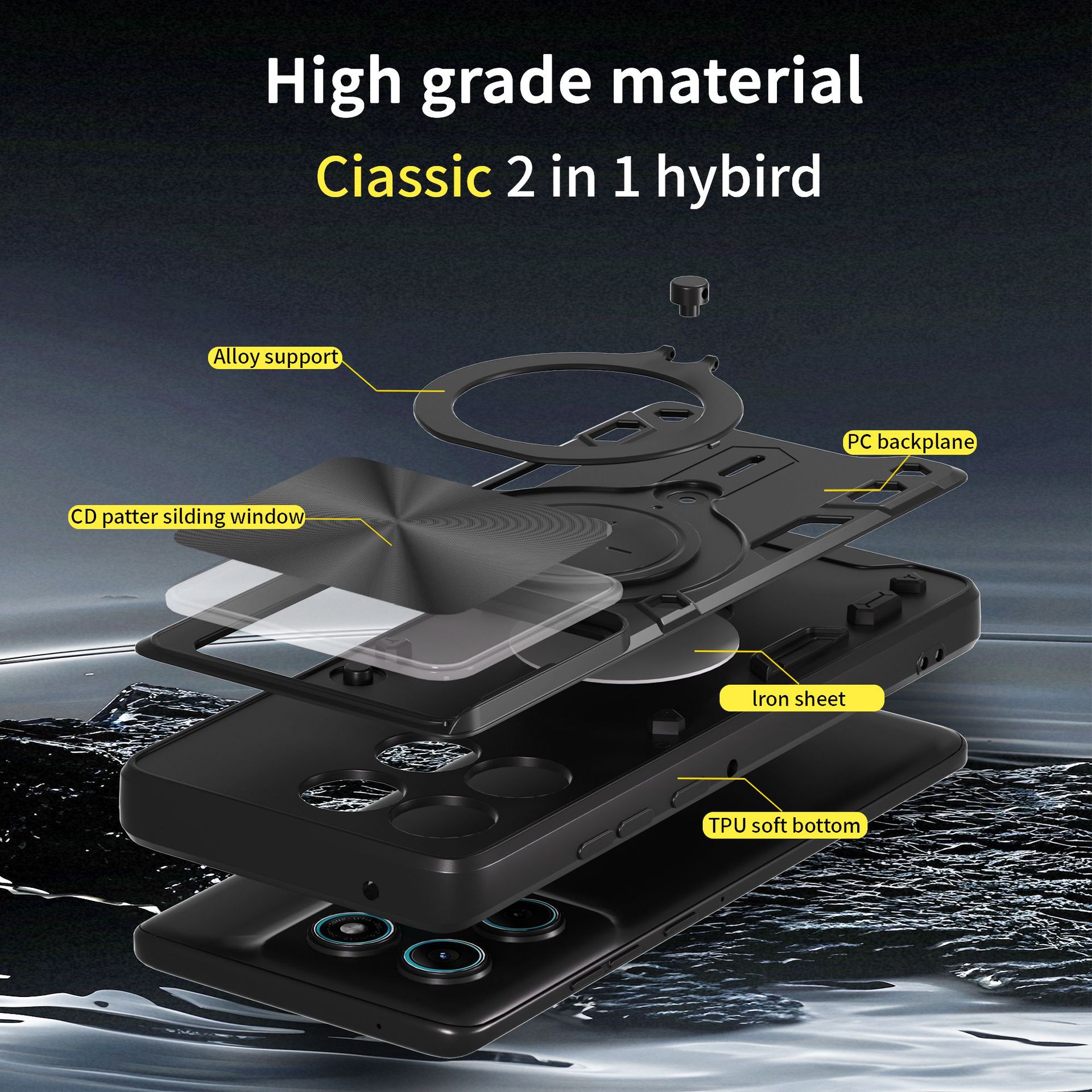 Husa telefon, pentru Motorola Edge 60 Fusion, suport 360°, capac glisant obiectiv, negru titan
