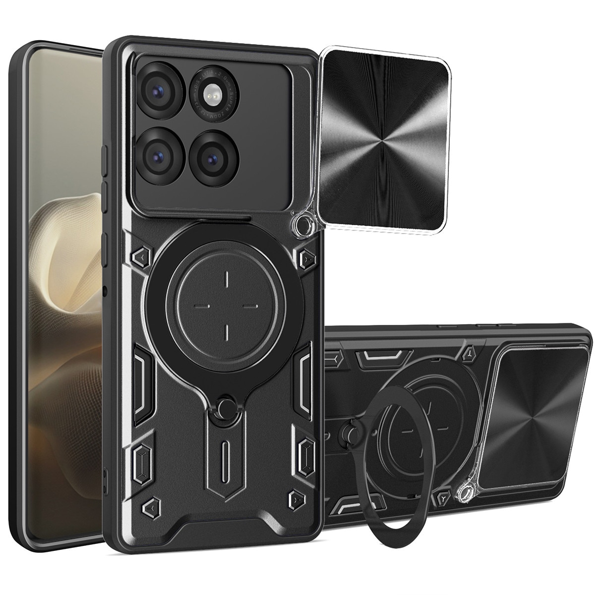 Husa telefon, pentru Motorola Edge 60 Pro 5G, suport rotativ 360°, capacul obiectivului glisant, negru titan