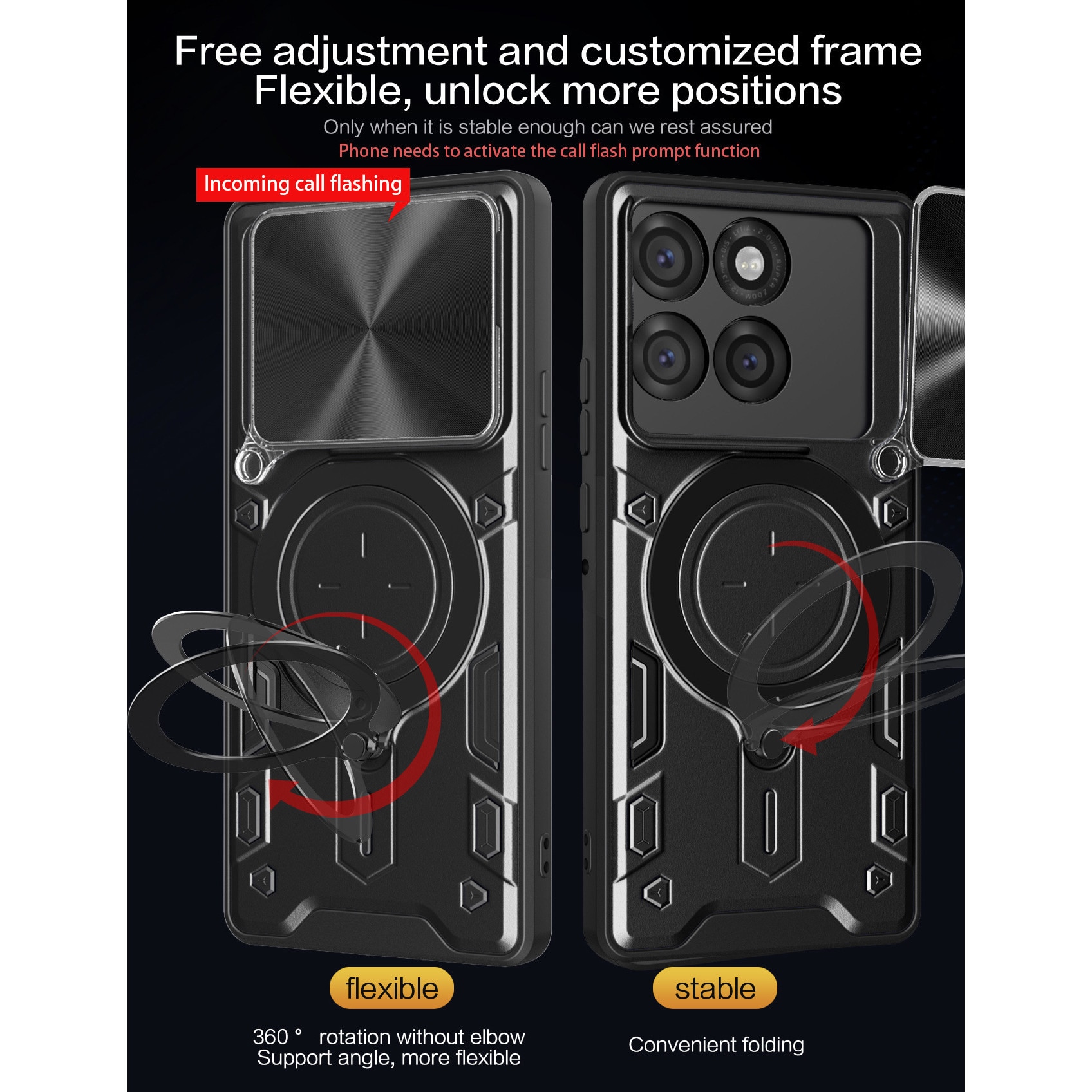 Husa telefon, pentru Motorola Edge 60 Pro 5G, suport rotativ 360°, capacul obiectivului glisant, negru titan