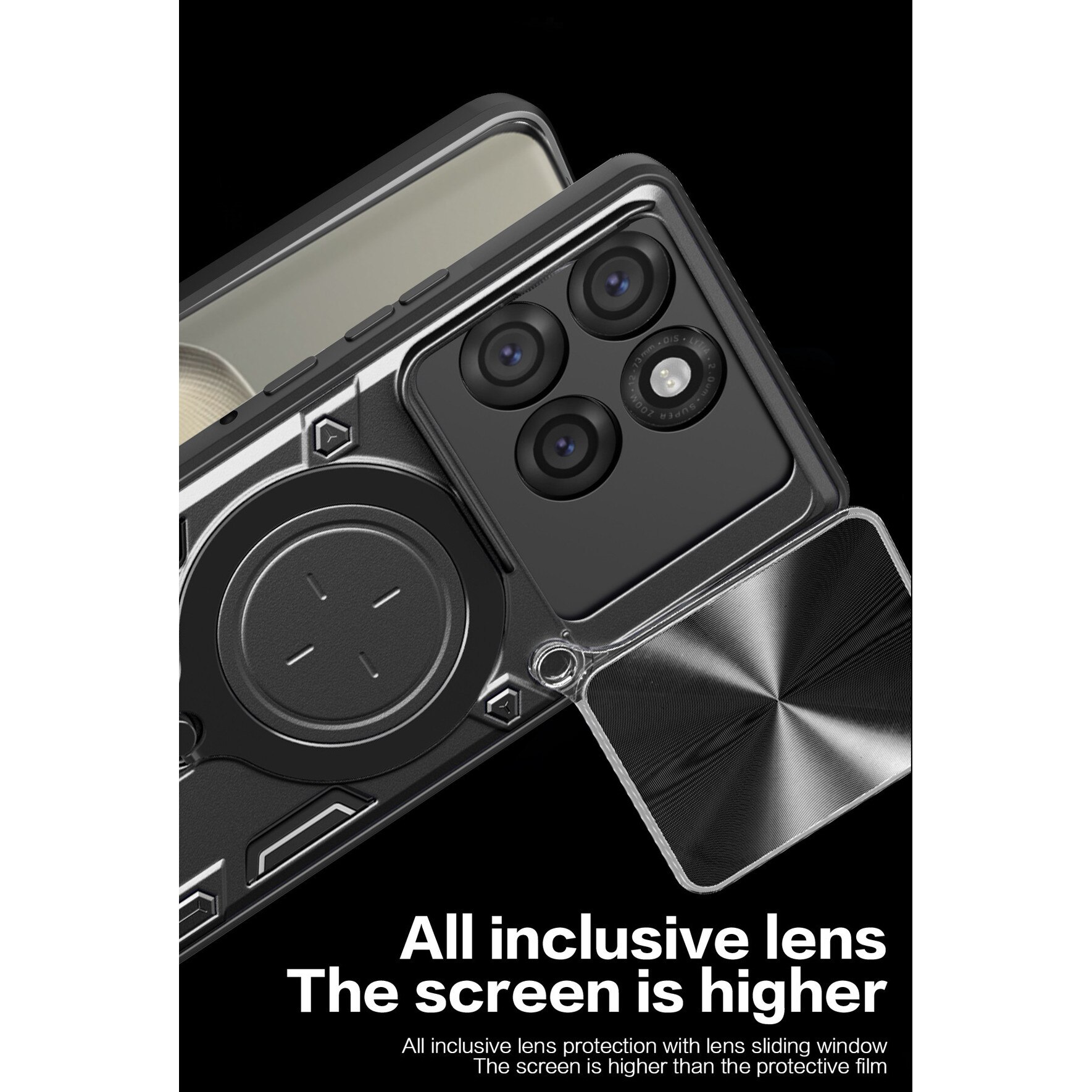 Husa telefon, pentru Motorola Edge 60 Pro 5G, suport rotativ 360°, capacul obiectivului glisant, negru titan