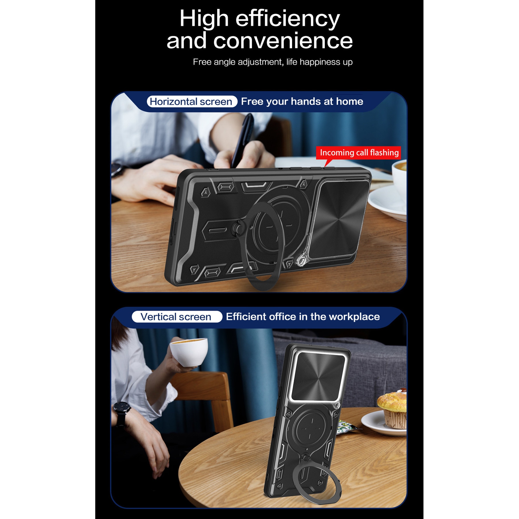 Husa telefon, pentru Motorola Edge 60 Pro 5G, suport rotativ 360°, capacul obiectivului glisant, negru titan