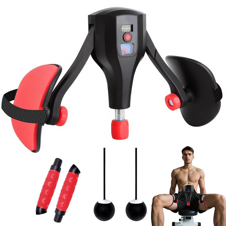 Уред за тонизиране на крака Juksun, регулируемо съпротивление 10-60 кг, функция брояч, черно и червено, 340x240 мм, пълен комплект