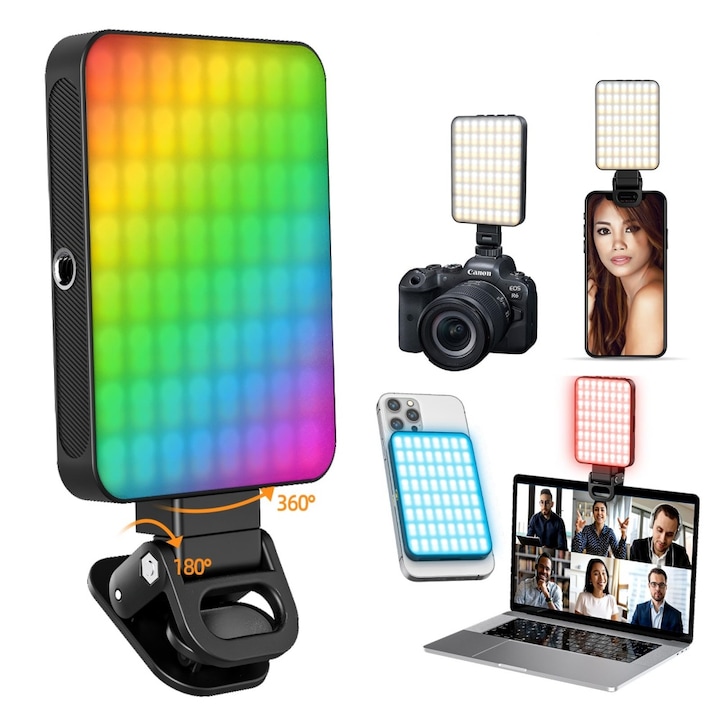 Lampa LED Portabila pentru Selfie, magnetica, cu clema, 3 temperaturi de culoare, pentru video si fotografii, compatibila cu telefon si camera