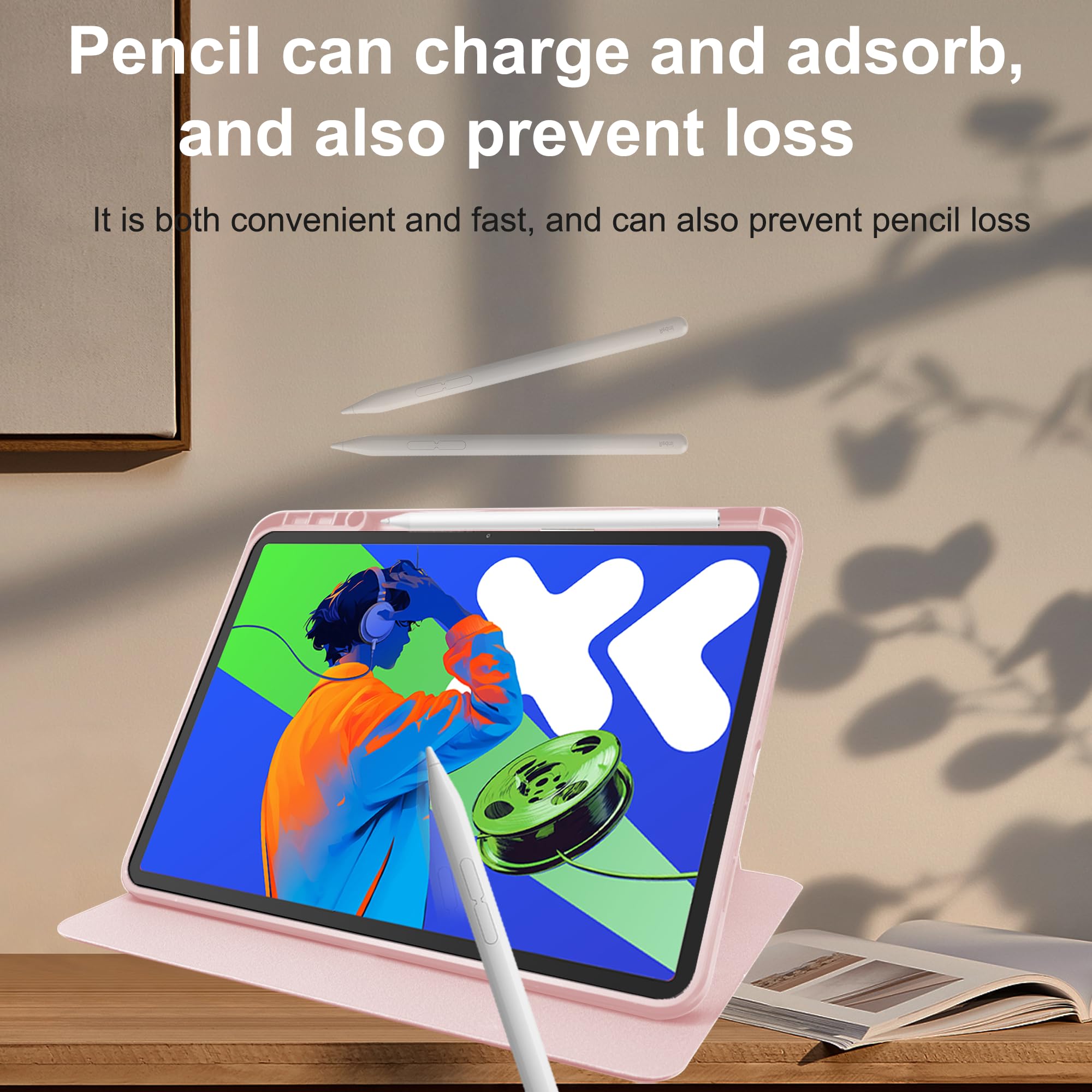 Husa tableta, pentru Lenovo Idea Tab Pro 12.7 Inch, pentru tablete cu slot pentru stilou, acrilic 360 ° design rotativ, trezire automata / somn, Roz transparent
