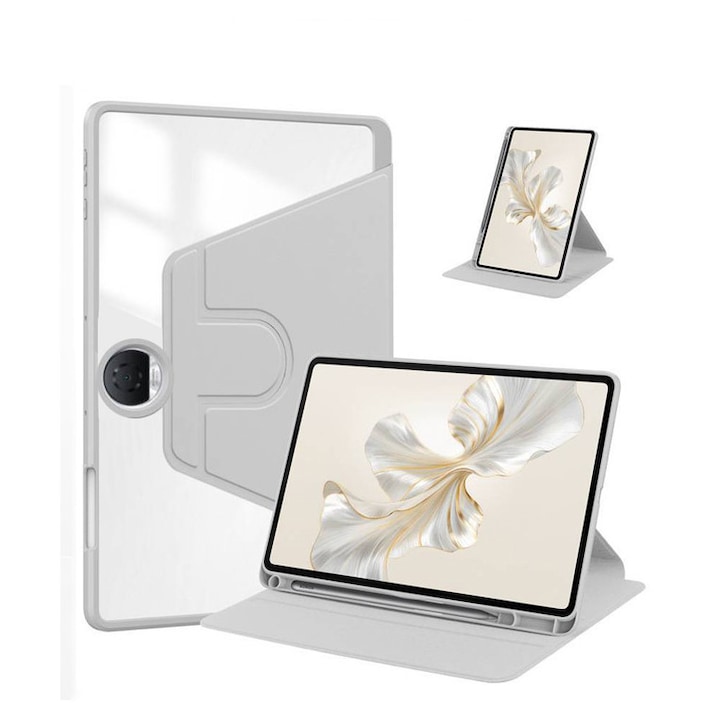 Husa tableta, pentru Honor Pad 9 12.1 Inch, pentru tablete cu slot pentru stilou, acrilic 360 ° design rotativ, trezire automata / somn, Gri transparent