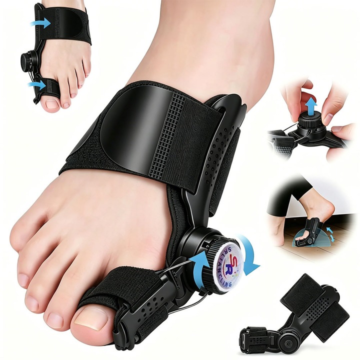 Ortopéd korrektor lábujjakra, Garsonal®, 3 korrekciós szöggel állítható Hallux Valgus korrektor, fekete