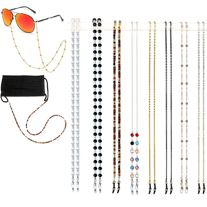 Snur de ochelari de dimensiuni mari, 8 piese, Garsonal ®, facut din margele de sticla, folosit pentru fixarea ochelarilor, multicolor