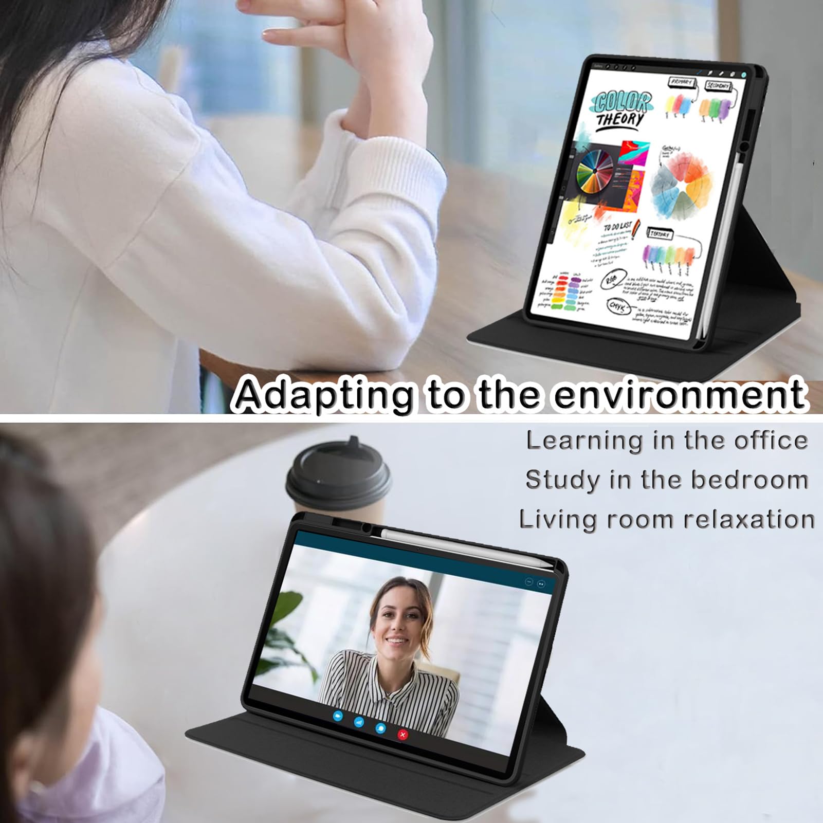 Husa tableta, pentru iPad Air 6th/7th 11 inch (24/25) / ipad Pro 11 inch (22/21/20/18) / ipad Air 4th/5th 10.9 inch（20/22), Casa de protectie pentru tablete cu slot pentru stilou, acrilic 360 ° design rotativ, trezire automata / somn, Negru transparent