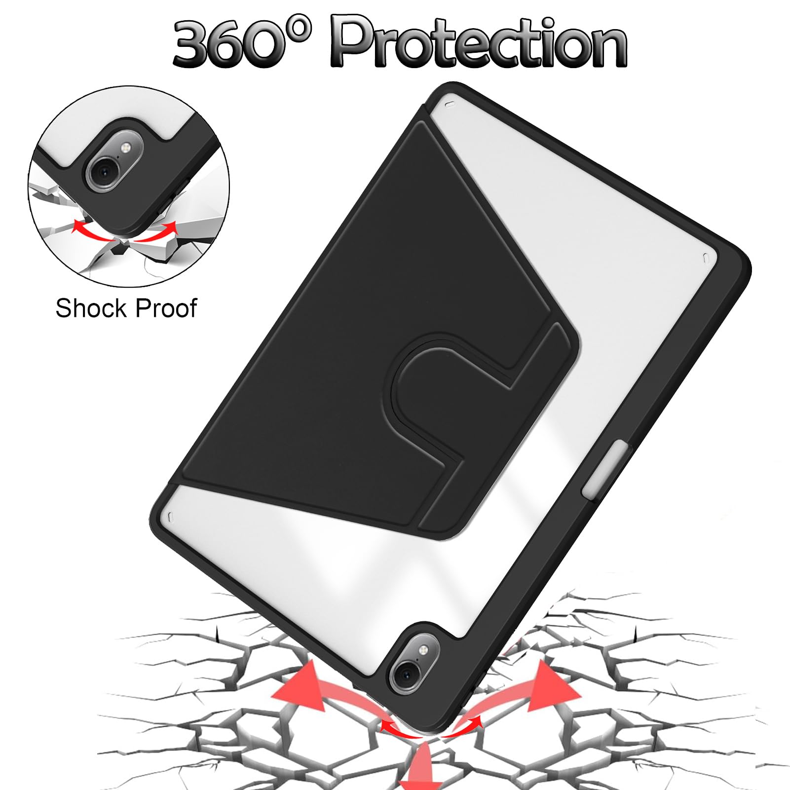 Husa tableta, pentru Honor Pad 9 12.1 Inch, pentru tablete cu slot pentru stilou, acrilic 360 ° design rotativ, trezire automata / somn, Negru transparent