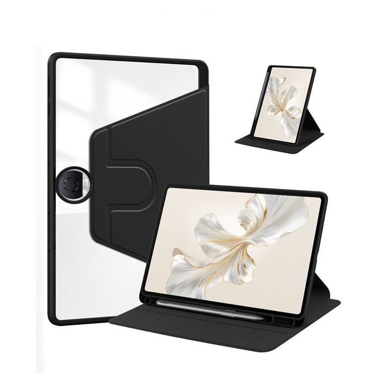 Husa tableta, pentru Honor Pad 9 12.1 Inch, pentru tablete cu slot pentru stilou, acrilic 360 ° design rotativ, trezire automata / somn, Negru transparent