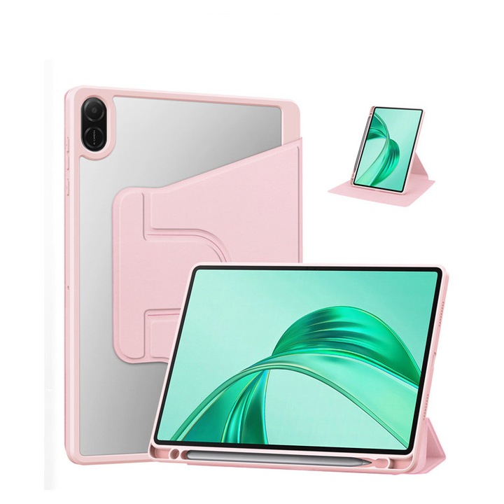 Husa tableta, pentru Honor Pad X8a 11 Inch, pentru tablete cu slot pentru stilou, acrilic 360 ° design rotativ, trezire automata / somn, Roz transparent