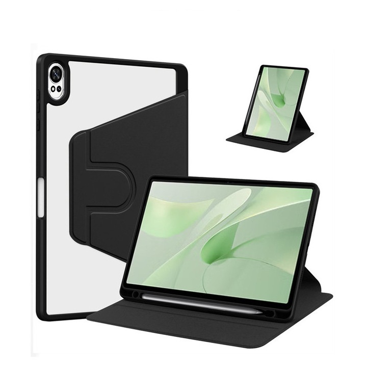 Tabletok tok, HUAWEI MatePad 12X-hez, tolltartóval ellátott tabletekhez, akril 360°-ban forgatható kialakítás, automatikus ébresztés/alvás, átlátszó fekete