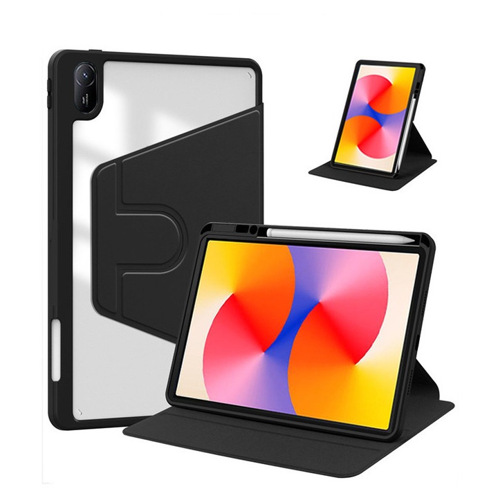 Tabletok tok, HUAWEI Matepad SE 11 inch, tolltartóval ellátott táblagépekhez, akril 360°-ban forgatható kivitel, automatikus ébresztés/alvás, átlátszó fekete