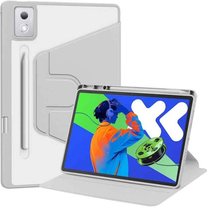 Tabletok tok, Lenovo Idea Tab Pro 12.7 Inch-hez, tolltartóval rendelkező tabletekhez, akril 360°-ban forgatható kivitel, automatikus ébresztés/alvás funkció, átlátszó szürke