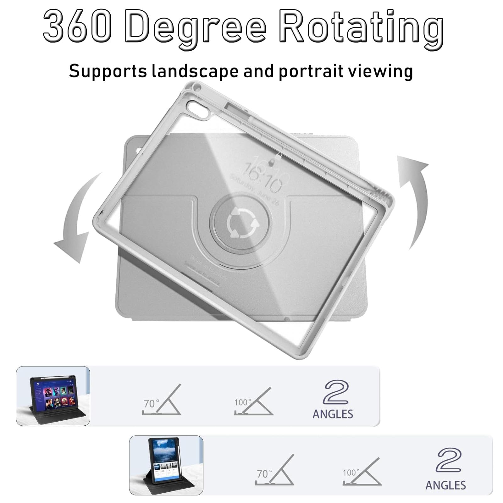 Husa tableta, pentru Lenovo Idea Tab Pro 12.7 Inch, pentru tablete cu slot pentru stilou, acrilic 360 ° design rotativ, trezire automata / somn, Gri transparent