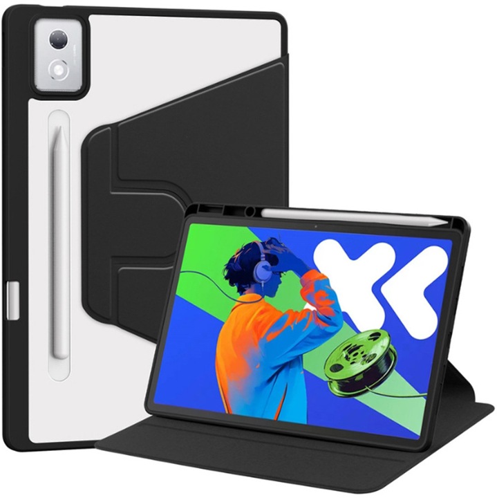 Tabletok tok, Lenovo Idea Tab Pro 12.7 hüvelykes, tolltartóval ellátott tabletekhez, akril 360°-ban forgatható kivitel, automatikus ébresztés/alvás, átlátszó fekete